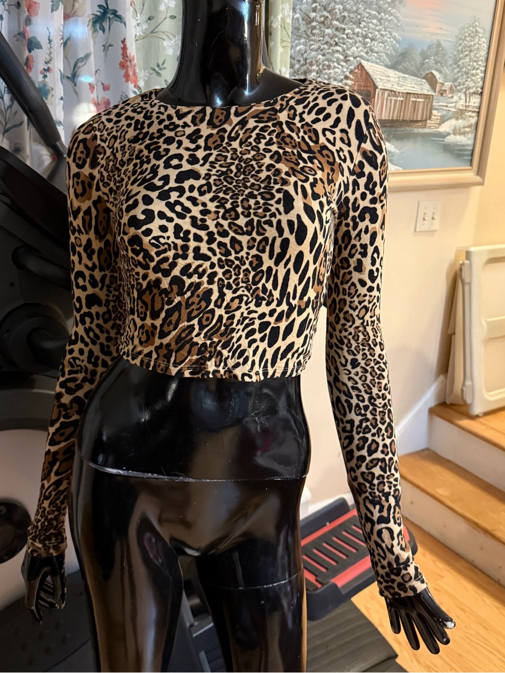 Bar III Leopard Print Long Sleeve Crop Top - Tan/Black
